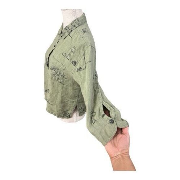 Chico's Sage Green Linen Monkey Print Button-Up Shirt Size 0 (4) Slit 3/4-Sleeve - Picture 4 of 13